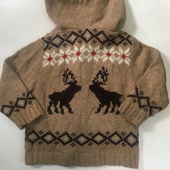Baby Gap Button Up Knit Sweater Pockets Hooded Reindeer Moose Sz 3 Unisex Beige - Picture 12 of 15